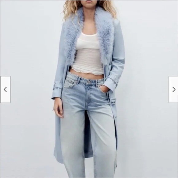 Zara light blue belted faux leather trench coat NWT - Picture 1 of 15